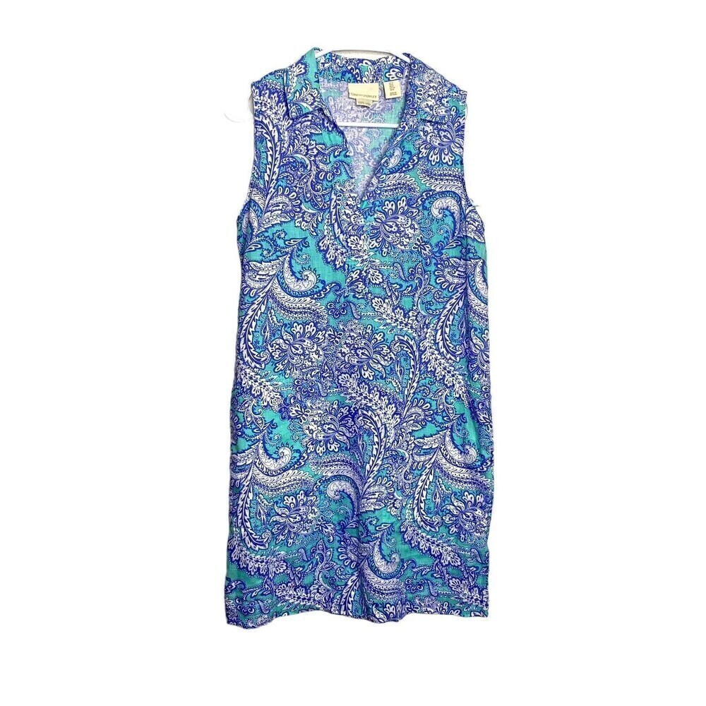 Cynthia Rowley Women's Multicolor 100% Linen Collared V-Neck A-Line Dress Size 4